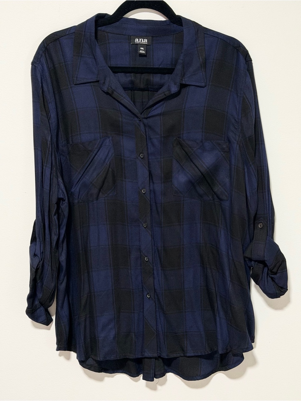 a.n.a Navy Blue and Black Plaid Button-Up Blouse